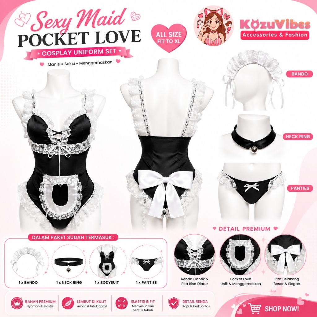 Kozuvibes Cosplay Sexy Uniform Seragam Pelayan Kostum Maid Pocket Love