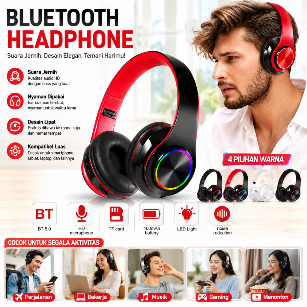 Wireless Bluetooth Headset Stereo Bass LED || B39 Bluetooth Headset Wireless LED Stereo Bass
