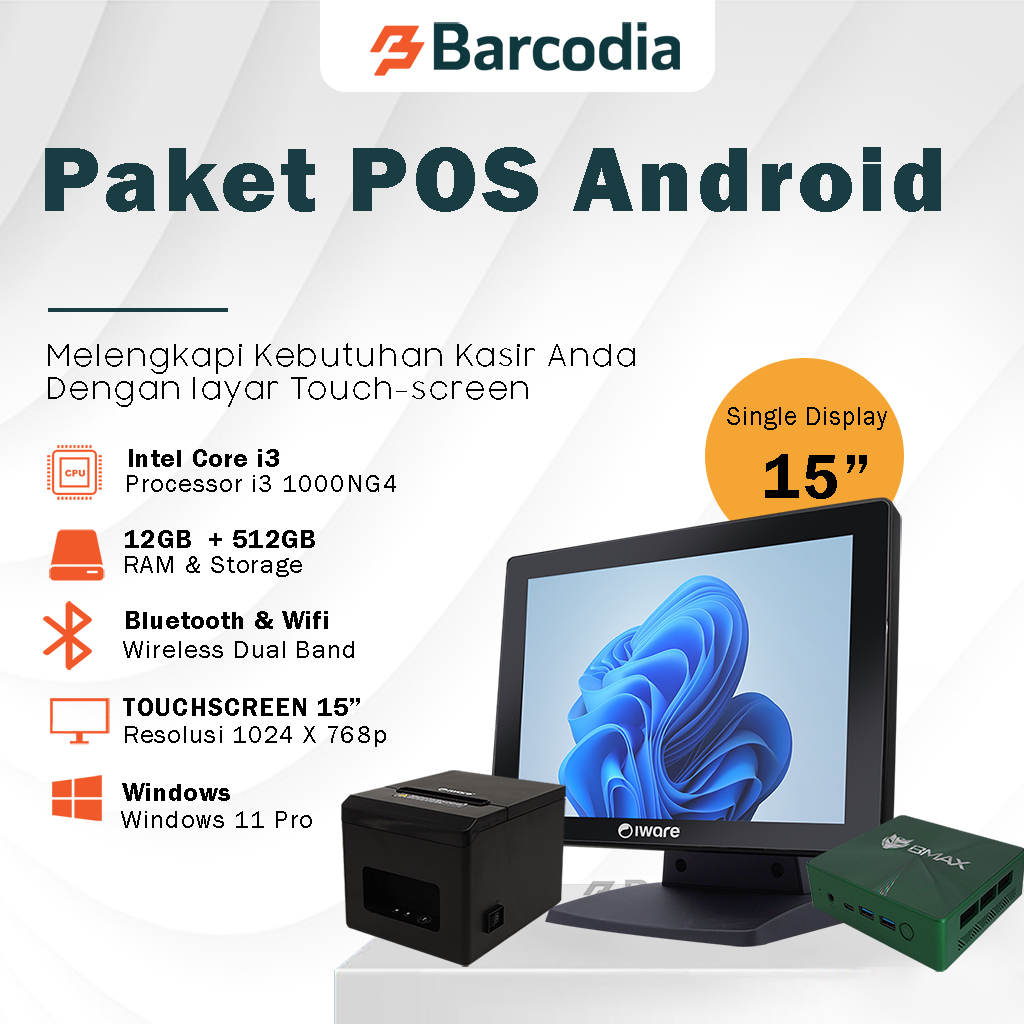BARCODIA Komputer / Mini PC Kasir Paket + Monitor Touchscreen Lengkap