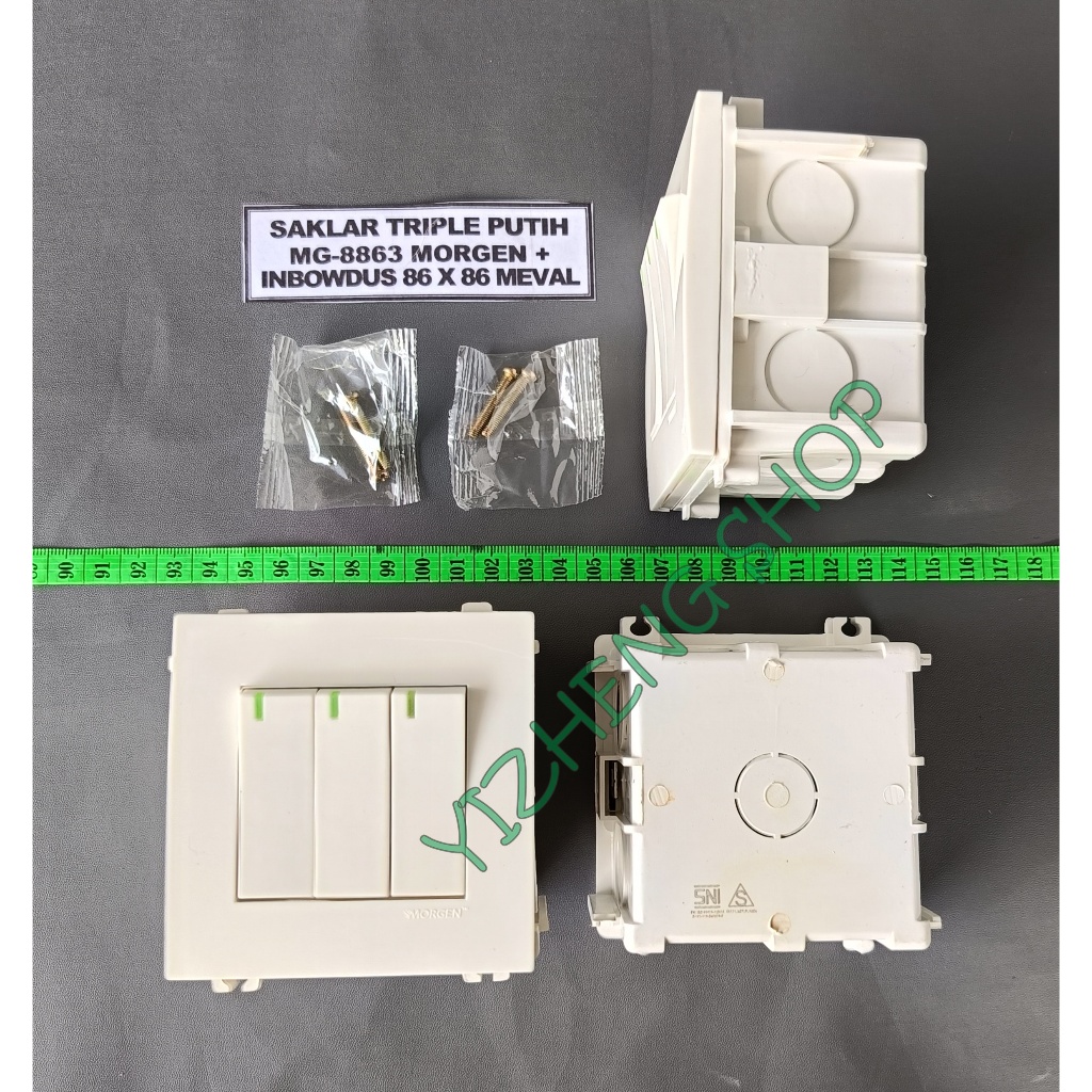 SAKLAR TRIPLE MORGEN MG-8863+INBOWDUS KOTAK PUTIH WUI-B26 MEVAL