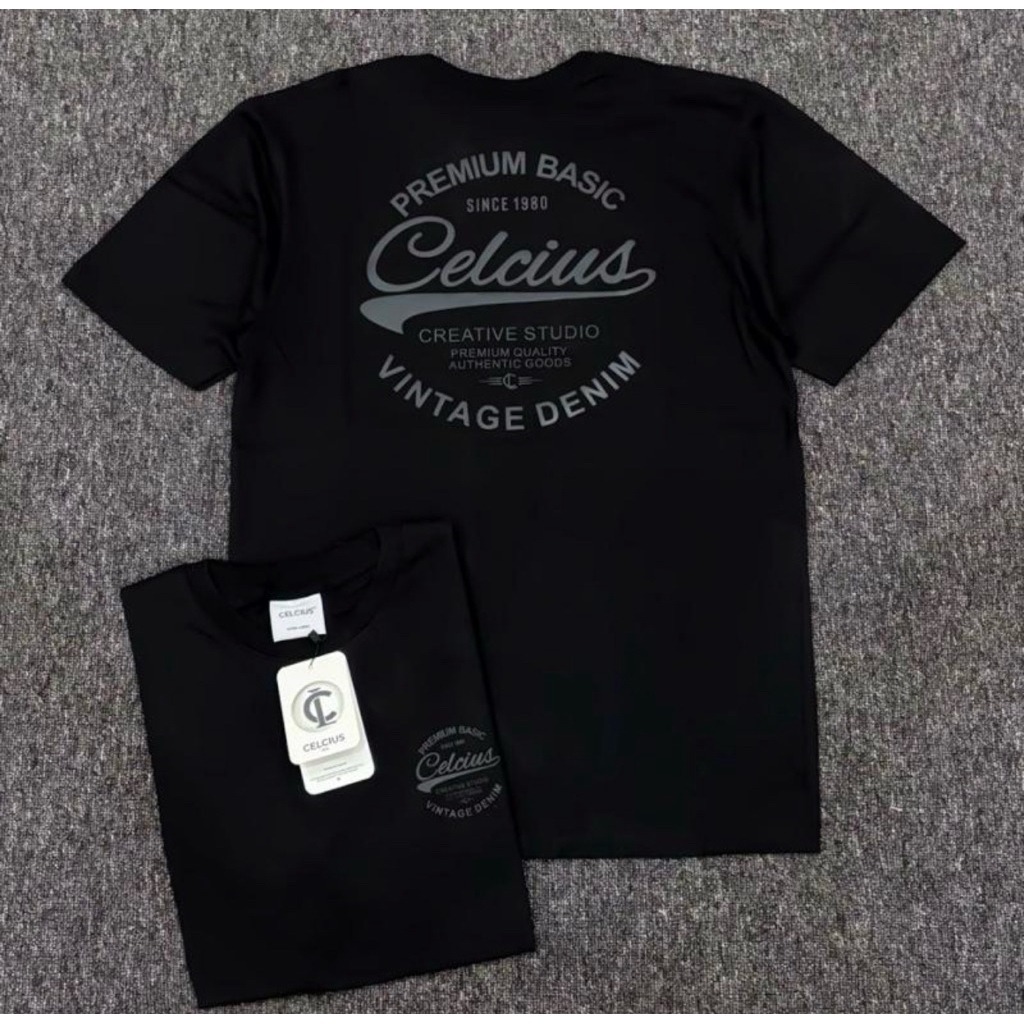 Kaos Celcius Premium Basic Vintage Denim Hitam Lengan Pendek Desain Retro