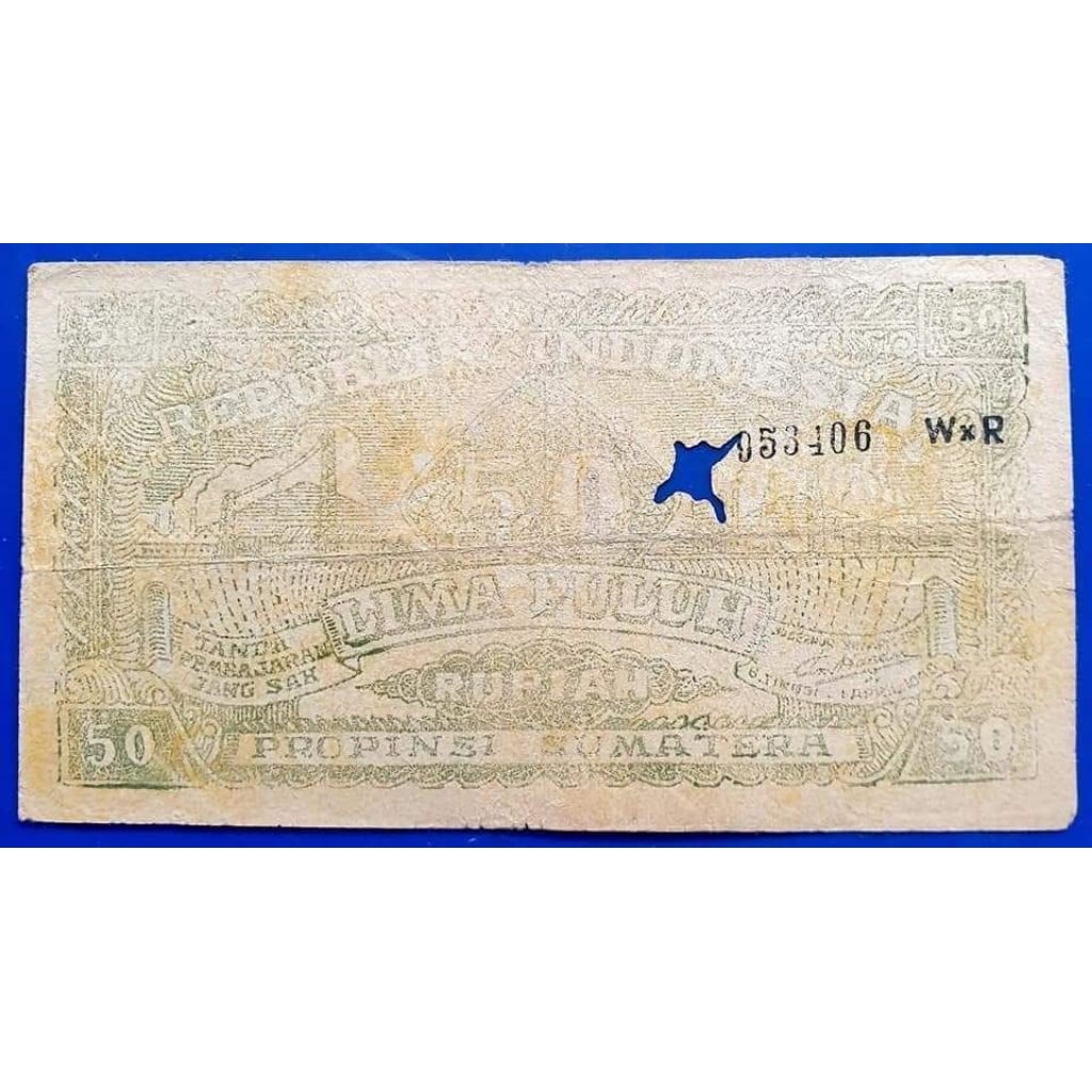 Orida Uang Kertas Daerah 50 rupiah tahun 1948 daerah bukit tinggi variasi warna hijau very rare sang
