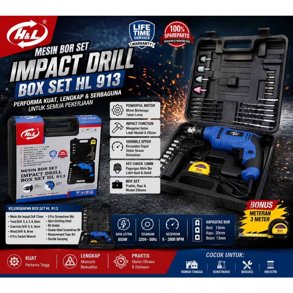 H&L HL 913 Mesin Bor Set 13mm Impact Drill Koper Komplit - Bor Listrik Beton Tembok Besi Kayu HNL HL