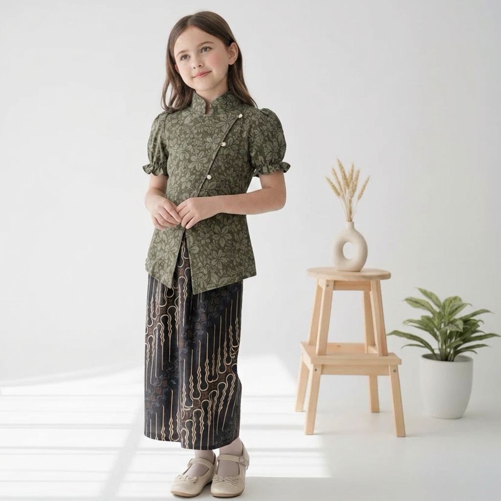 Delova Kids -  KEBAYA JANGGAN LENGAN PENDEK ANAK Embos Modern Jawa Vintage Formal Kartini Wisuda Kondangan