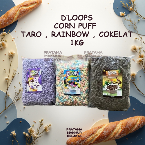 DLOOPS CORN PUFF 1KG COKELAT , TARO , RAINBOW 1KG , D'LOOPS CORN DUFF 1KG