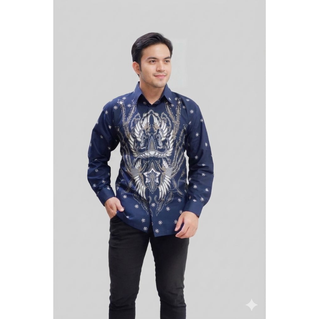 Kemeja batik pria Nagara Navy lengan panjang lapis furing batik lengan pendek biru dongker