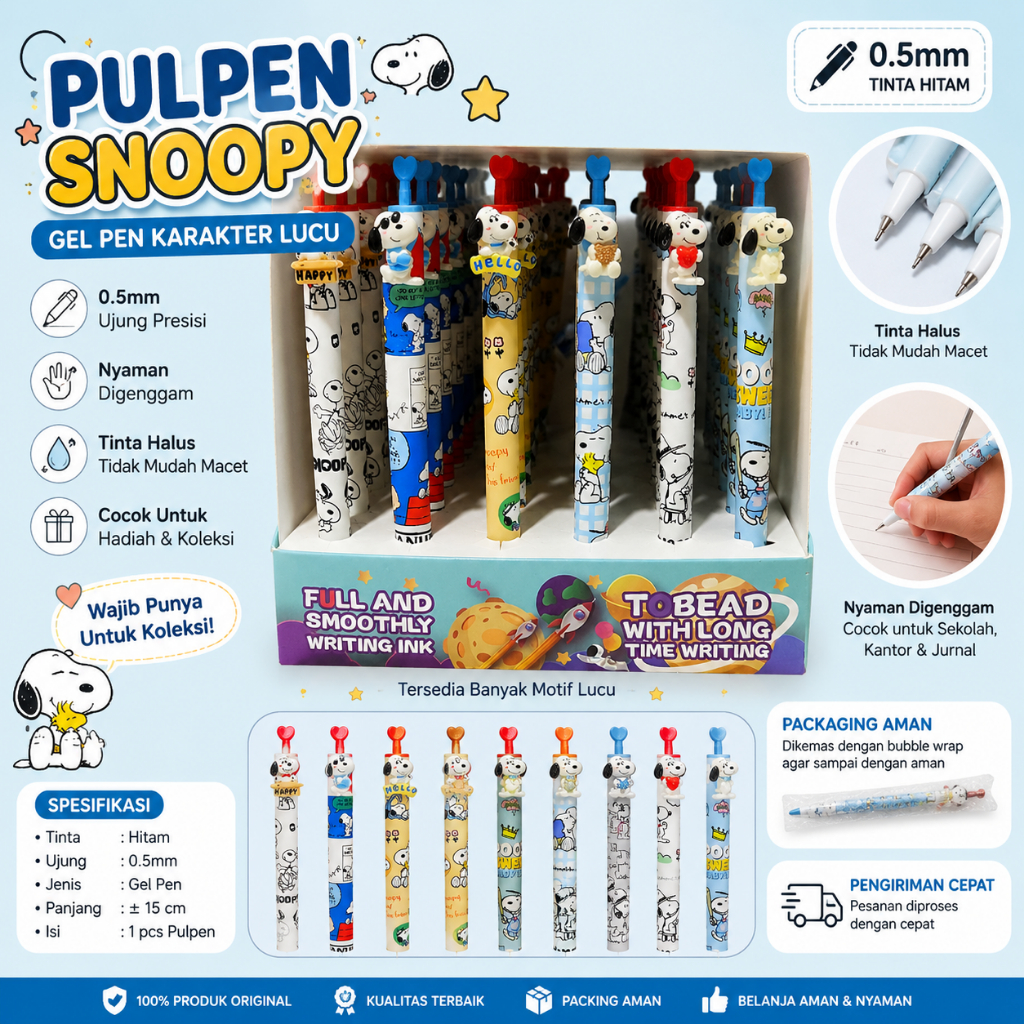 Pulpen Gel Snoopy Karakter 0.5mm Pulpen Hitam Lucu Estetik Alat Tulis Sekolah Kantor