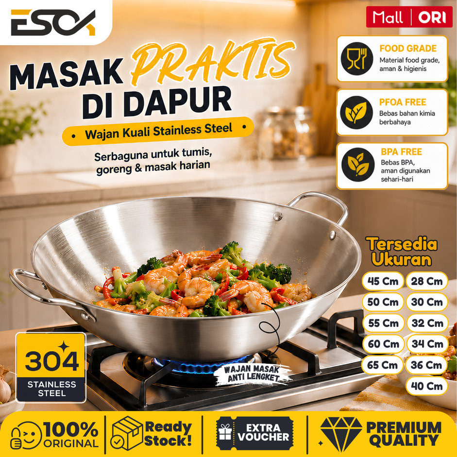 ESOK Wajan Masak Penggorengan Kuali Kecil/Sedang/Besar Serbaguna Stainless Steel Anti Lengket