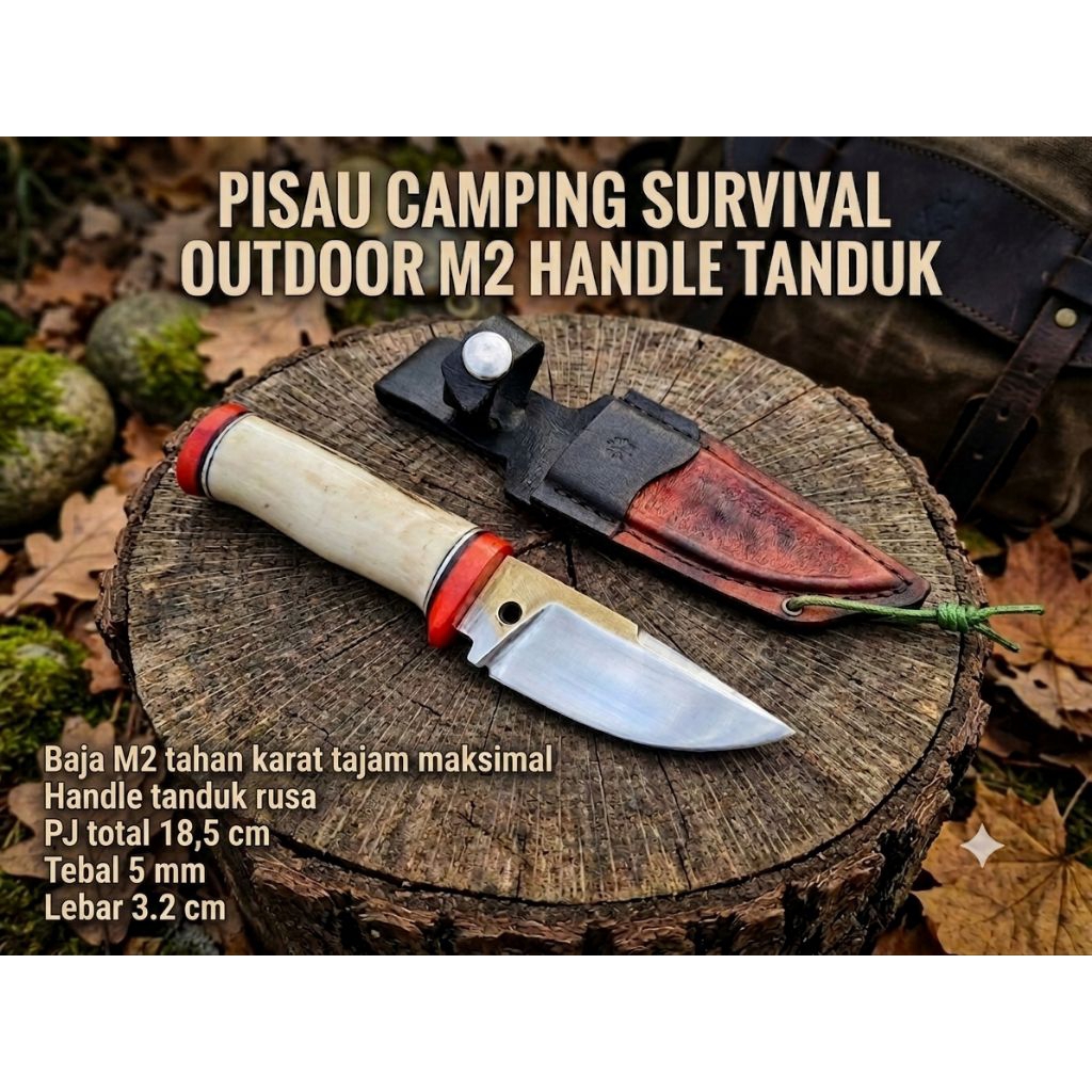 Pisau Camping Outdoor Baja M2 Handle Tanduk rusa / pisau survival outdoor / pisau seset profesional