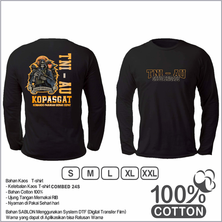 Kaos Lengan Panjang Hitam TNI AU Kopasgat Ghost Brigade 100% Cotton Sablon/Baju T-Shirt kopasgat ter