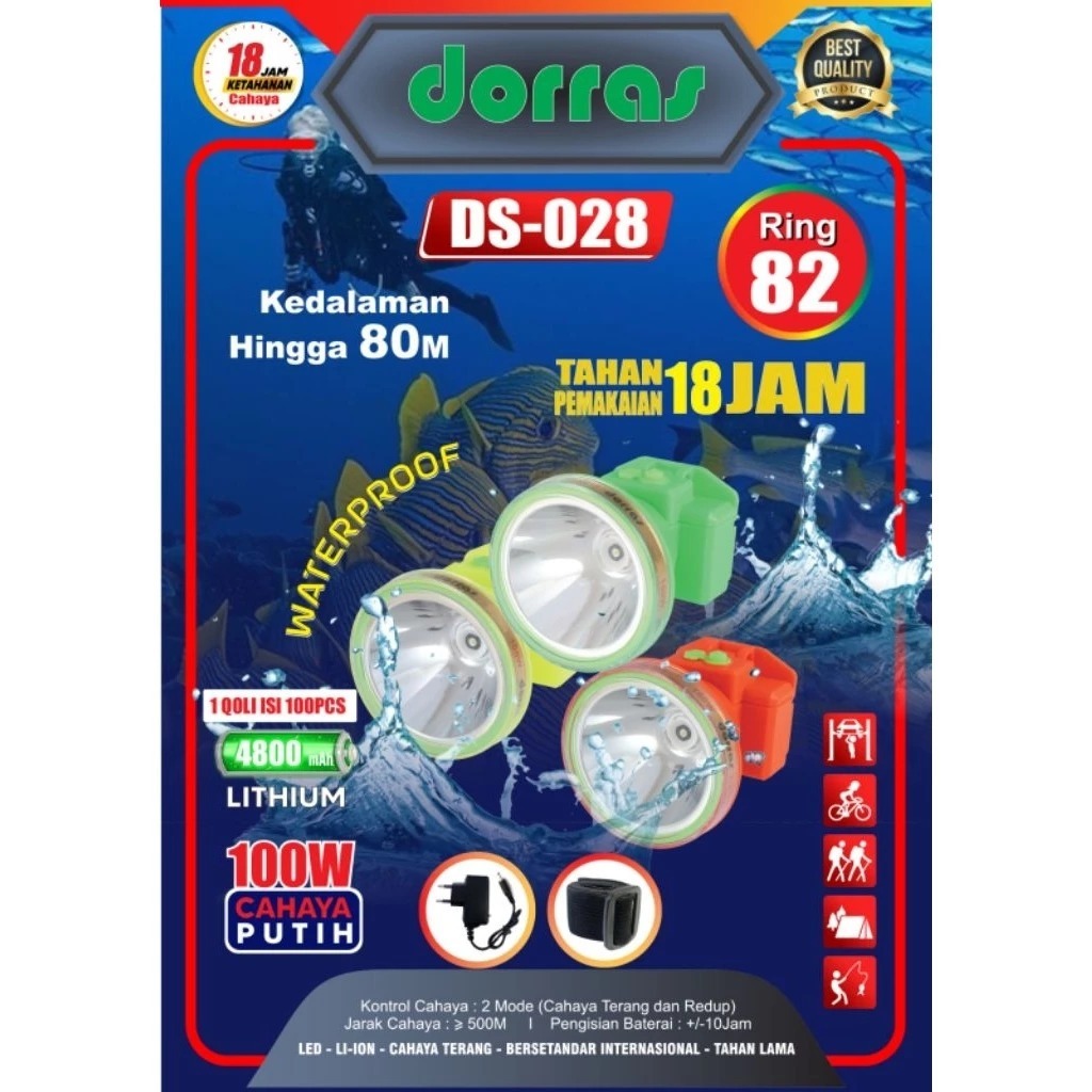 Senter Kepala Selam 100W Cahaya Putih DS 028 Plus Dorras/Senter Kepala Selam Waterproof Dorras DS 02