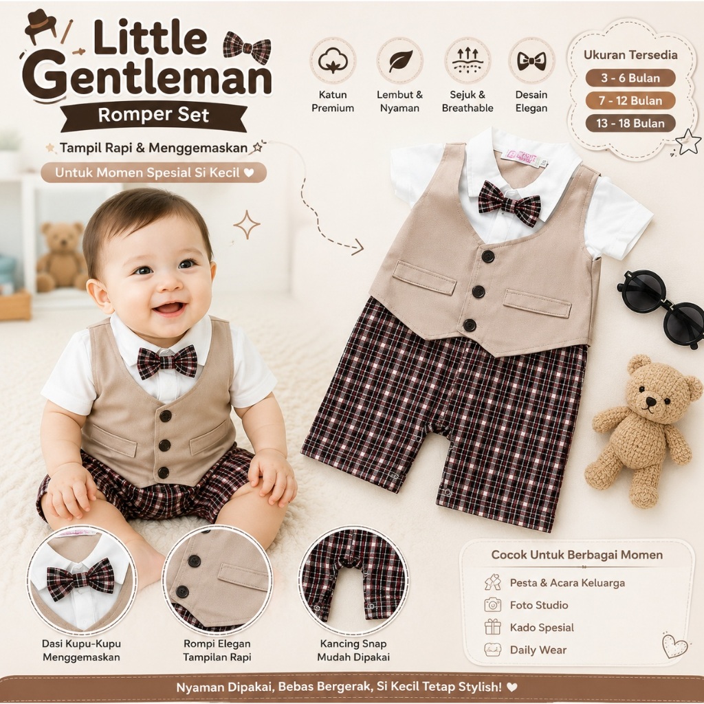 Romper Bayi Gentleman Premium | Baju Bayi Laki-Laki Motif Kotak dengan Rompi & Dasi | Outfit Bayi