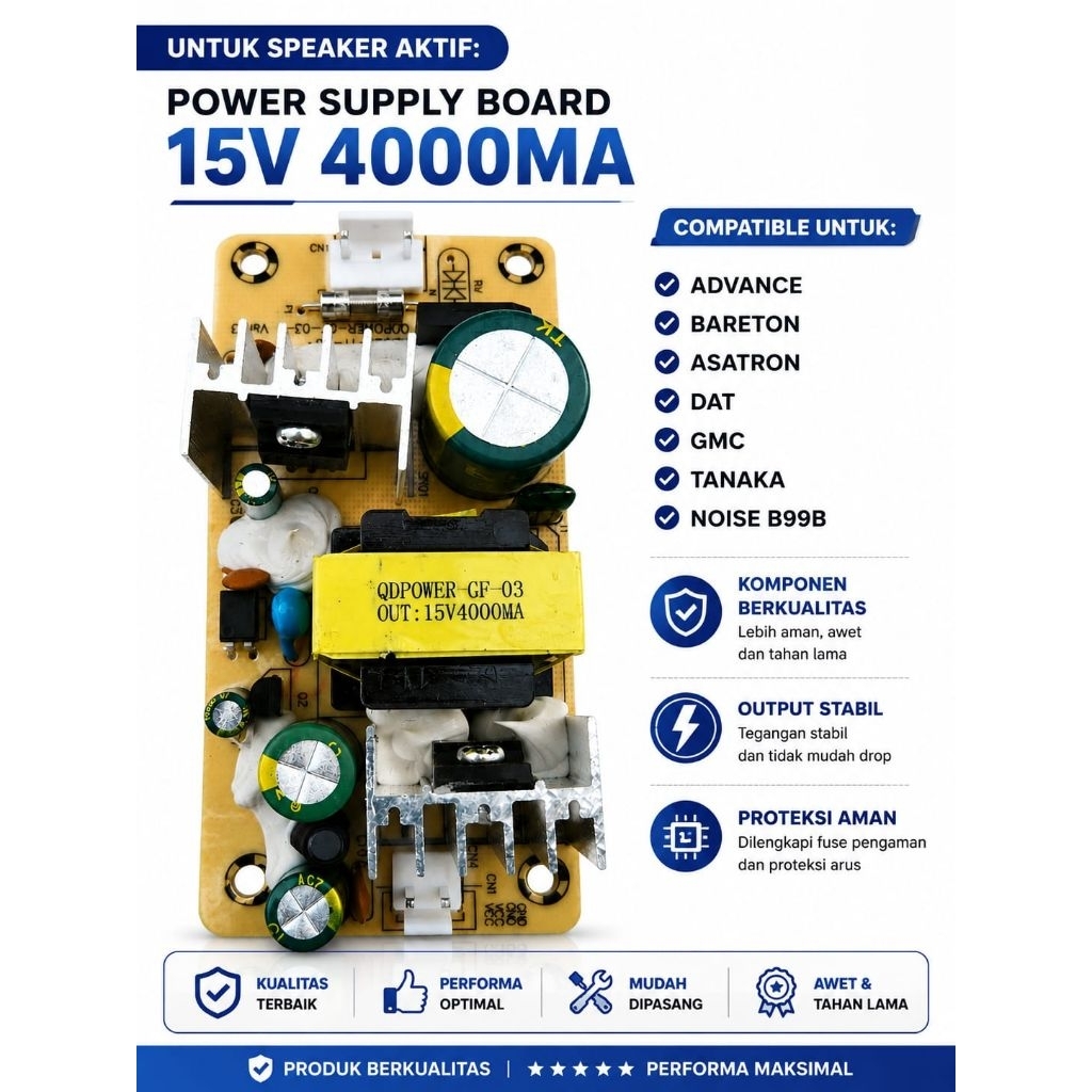 POWER SUPPLY SPEAKER AKTIF PORTABLE 15V 4000MA TANAKA DAT ADVANCE NOISE GMC HUPPER SOUND MAX 15V 400
