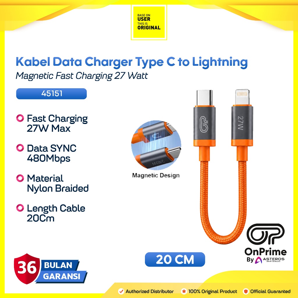 OnPrime 45151 Iron Series Kabel Data Type C to Lightning Magnetic Pendek 20CM 20W 27W 3A PD TPE 1M 1