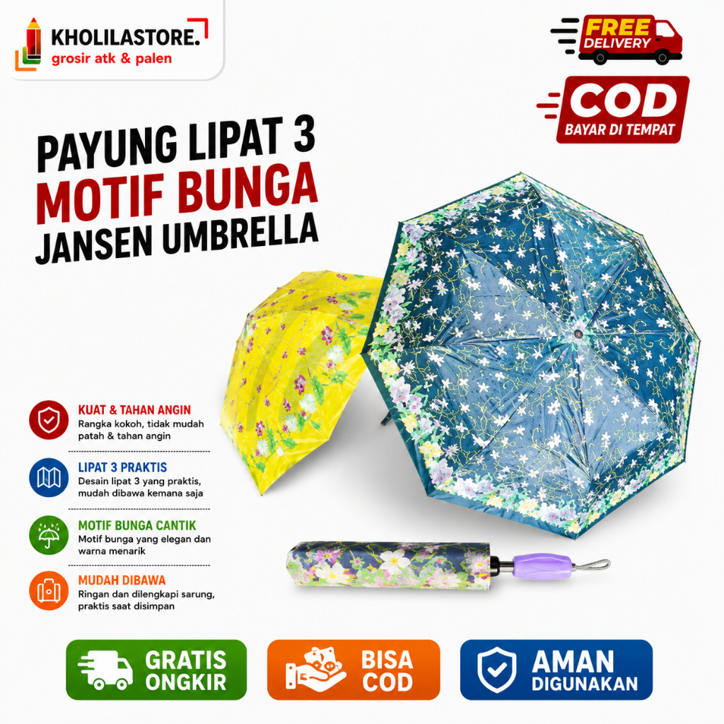 Payung Lipat 3 Motif Bunga Jansen Umbrella