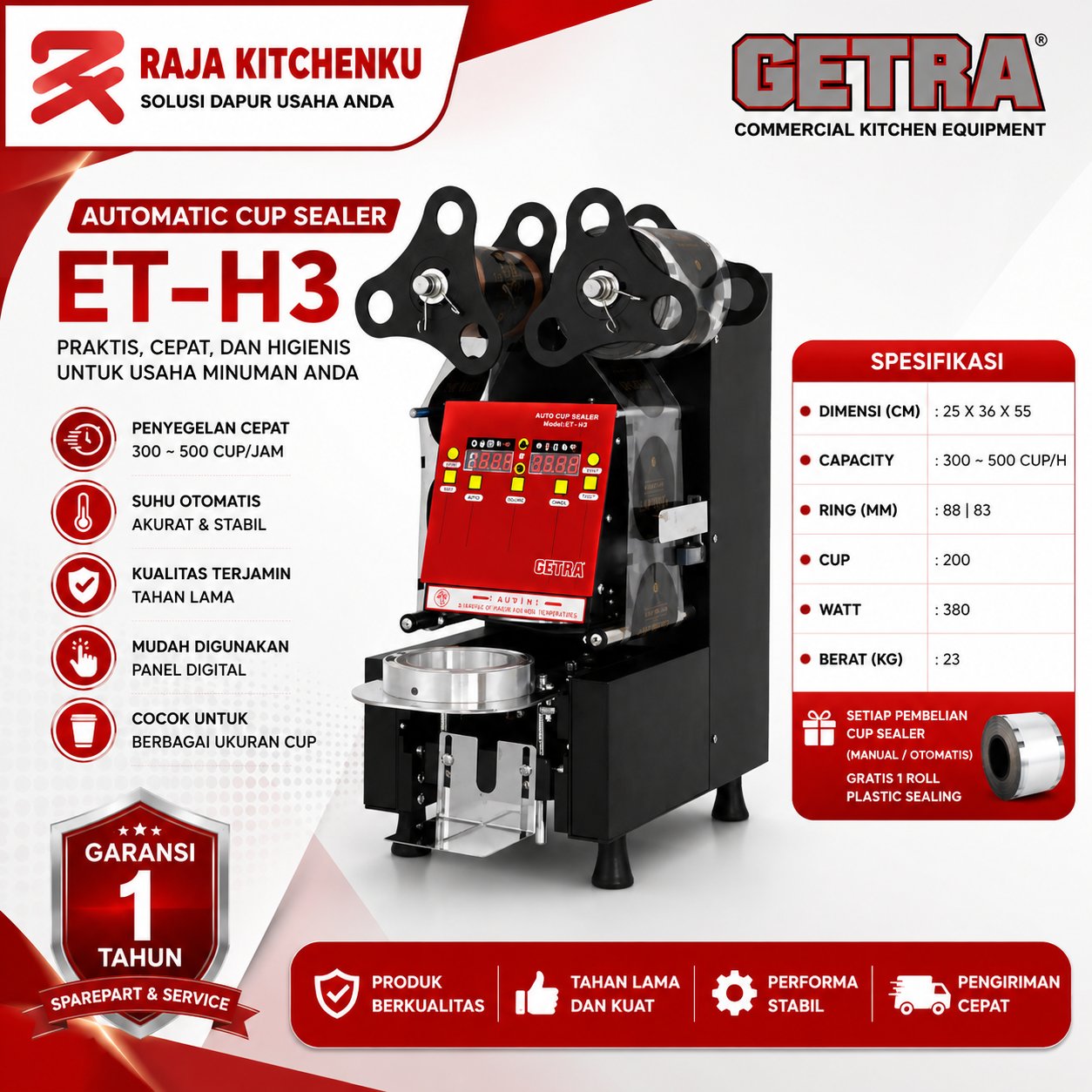 GETRA CUP SEALER OTOMATIS ET-H3 / ET H3 / ETH3 Automatic Cup Sealer - Bergaransi Resmi GETRA