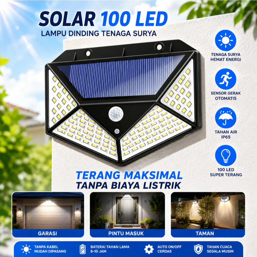 Lampu Tenaga Surya Dinding / Lampu Taman Hias Outdoor Tenaga Surya 100 LED/ Solar Cell Taman Outdoor