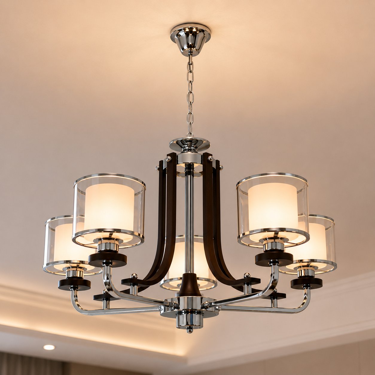 Lumina - Lampu Gantung Chandelier Modern 5 Lampu Besi Kayu Kaca Pendant Light Ruang Tamu Ruang Makan