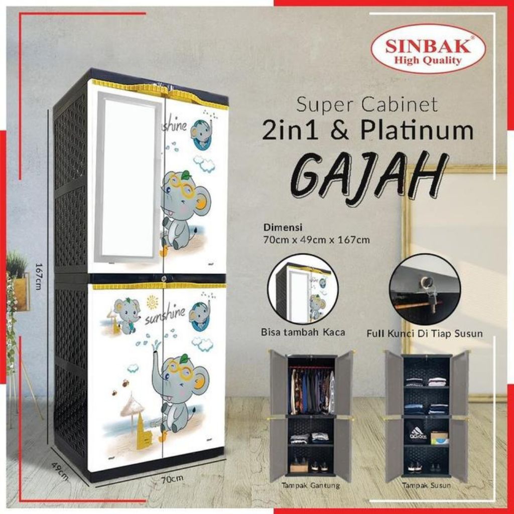 Lemari plastik sinbak super cabinet + kaca motif gajah