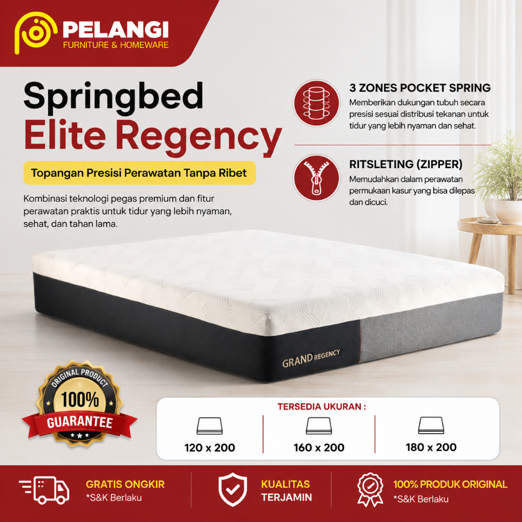 Spring Bed Elite Regency 3 Zones Pocket Spring untuk Topangan Tubuh Optimal