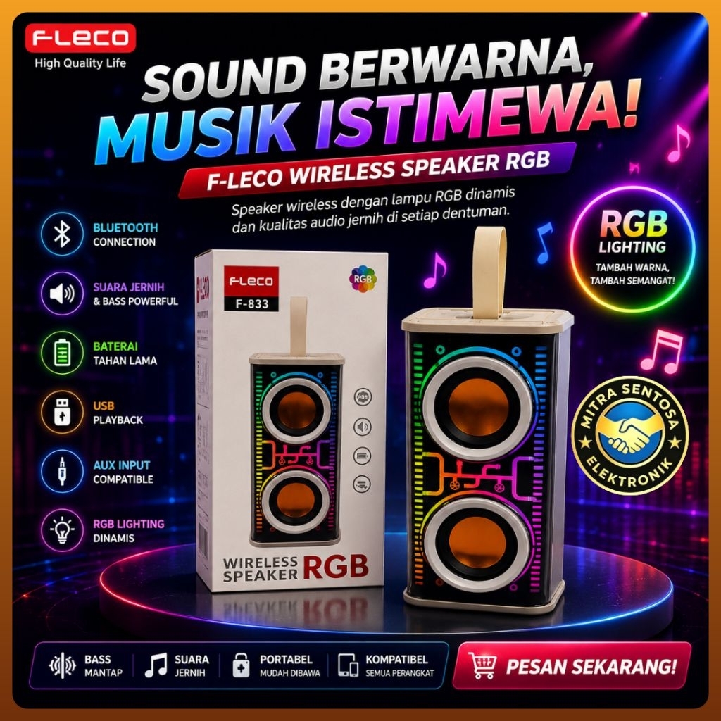 Speaker Bluetooth Portable Fleco F-833 Wireless Speaker RGB