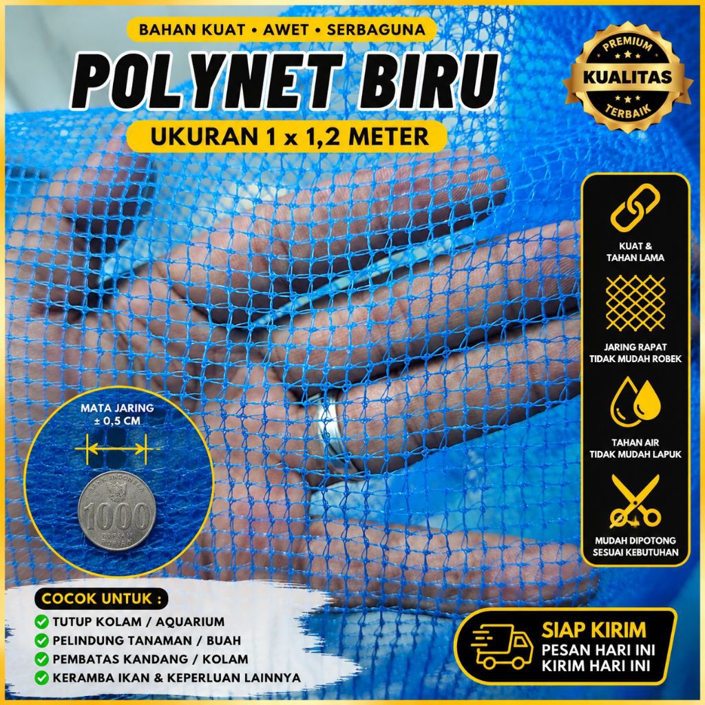 Polynet Biru Jaring Plastik 1 x 1,2 Meter Mata Jaring 0,5 cm Jaring Kolam Ikan Aquarium Pelindung Ta