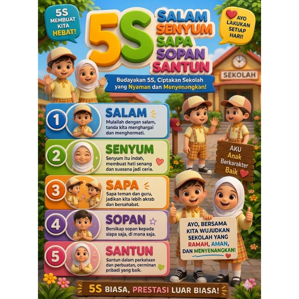 Poster Edukasi 5S Salam Senyum Sapa Sopan Santun Untuk Anak Sekolah