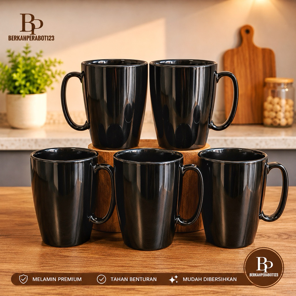 6 PCS CANGKIR MELAMIN 124 HITAM TEBAL GELAS KOPI TAHAN PANAS