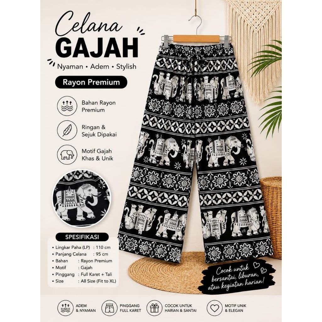 Celana Kulot Wanita Jumbo Rayon Motif Gajah Part 2 Kain Bali Nyaman Panjang - Gjh etnik hitam, Kulot