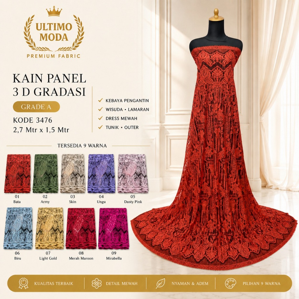 (GRADE A) KODE 3476 BATA - KAIN PANEL BRUKAT 3 D GRADASI - P 2,7 M L 1,5 M - MEWAH DAN ELEGAN - BAHA