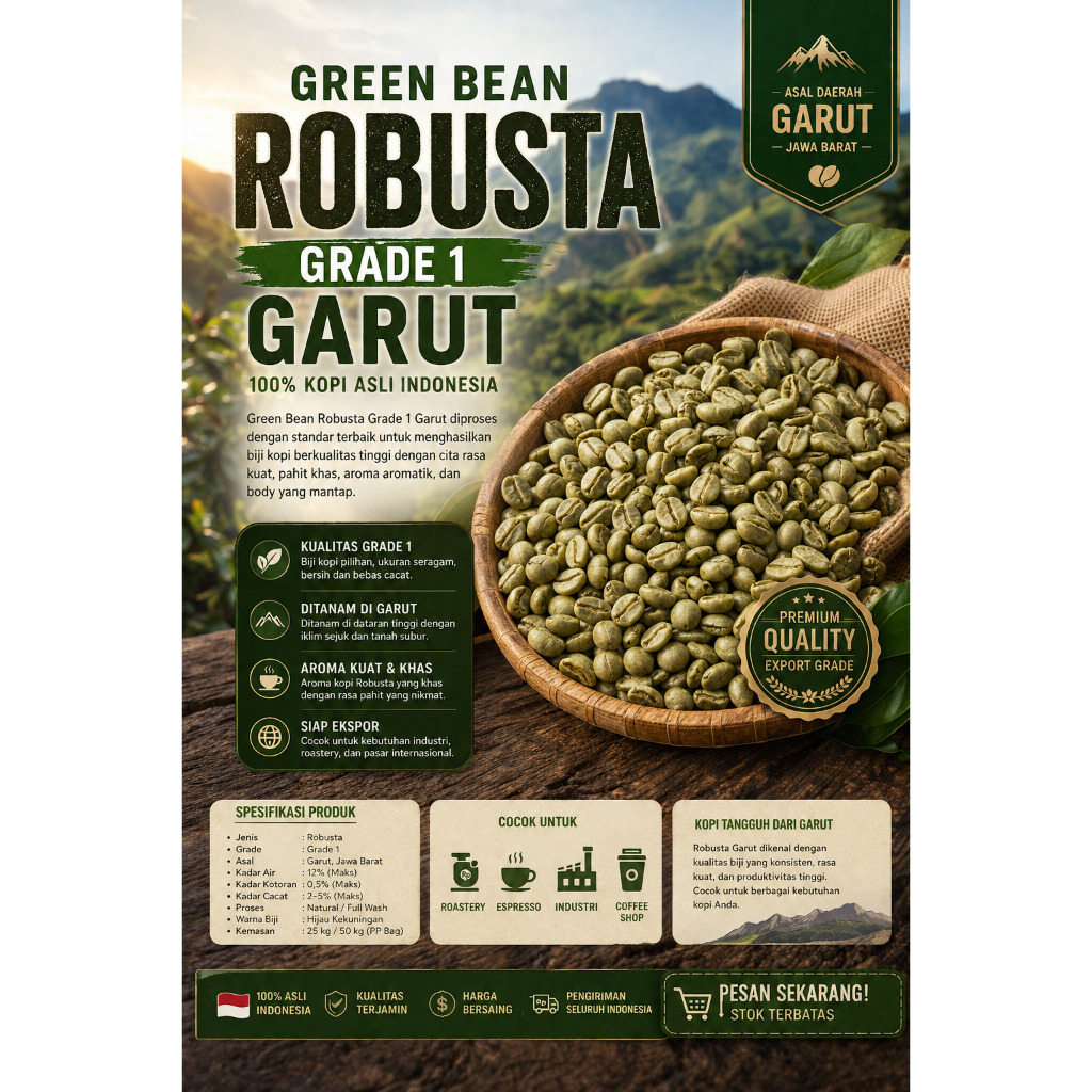Green Bean Kopi Robusta Garut Grade 1 | Single Origin | Premium Export Quality Biji kopi