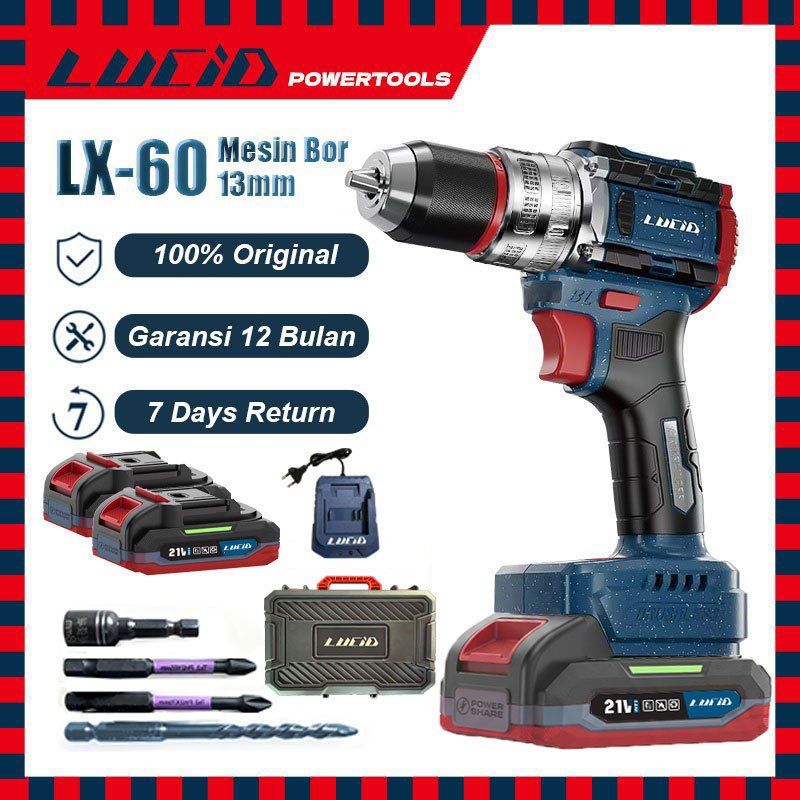 LUCID LX-60 Cordless Mesinbor 13MM 2.0AH REAL 21V lithium battery impact drill brushless baterai Ori