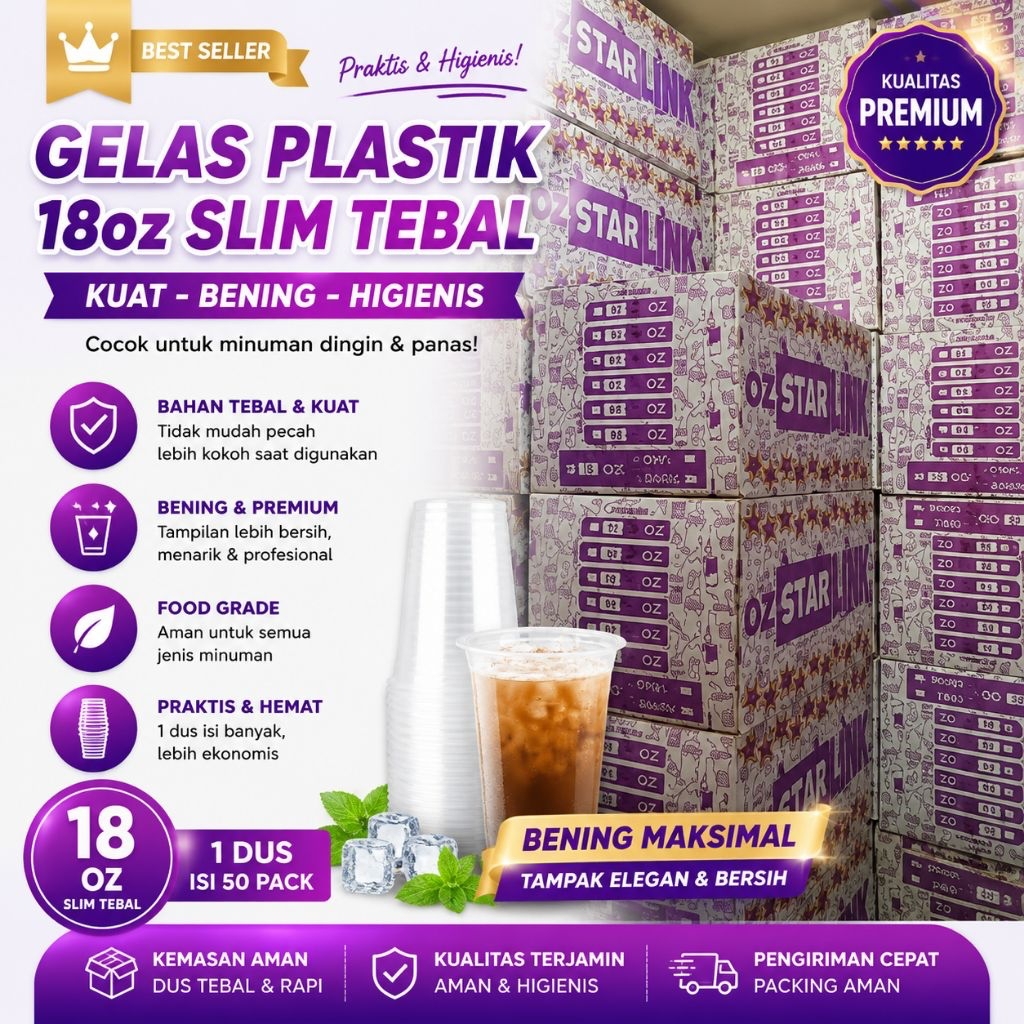 Gelas Plastik Starlink,Nuri,merak sesuai stok yang ada18 Oz Slim Tebal Isi 50 Pcs - Cup Minuman Beni