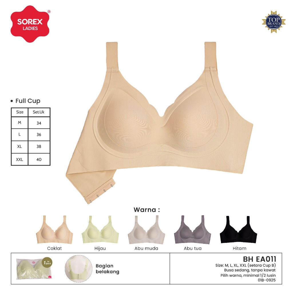 SOREX BRA BH EA 011 Tanpa Kawat Busa Sedang Kait 4 (Cup B)