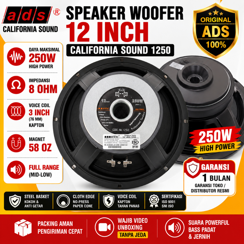 Speaker ADS 1250 12 Inch Woofer 250 Watt MAX 8 Ohm Voice Coil 39mm Full Range