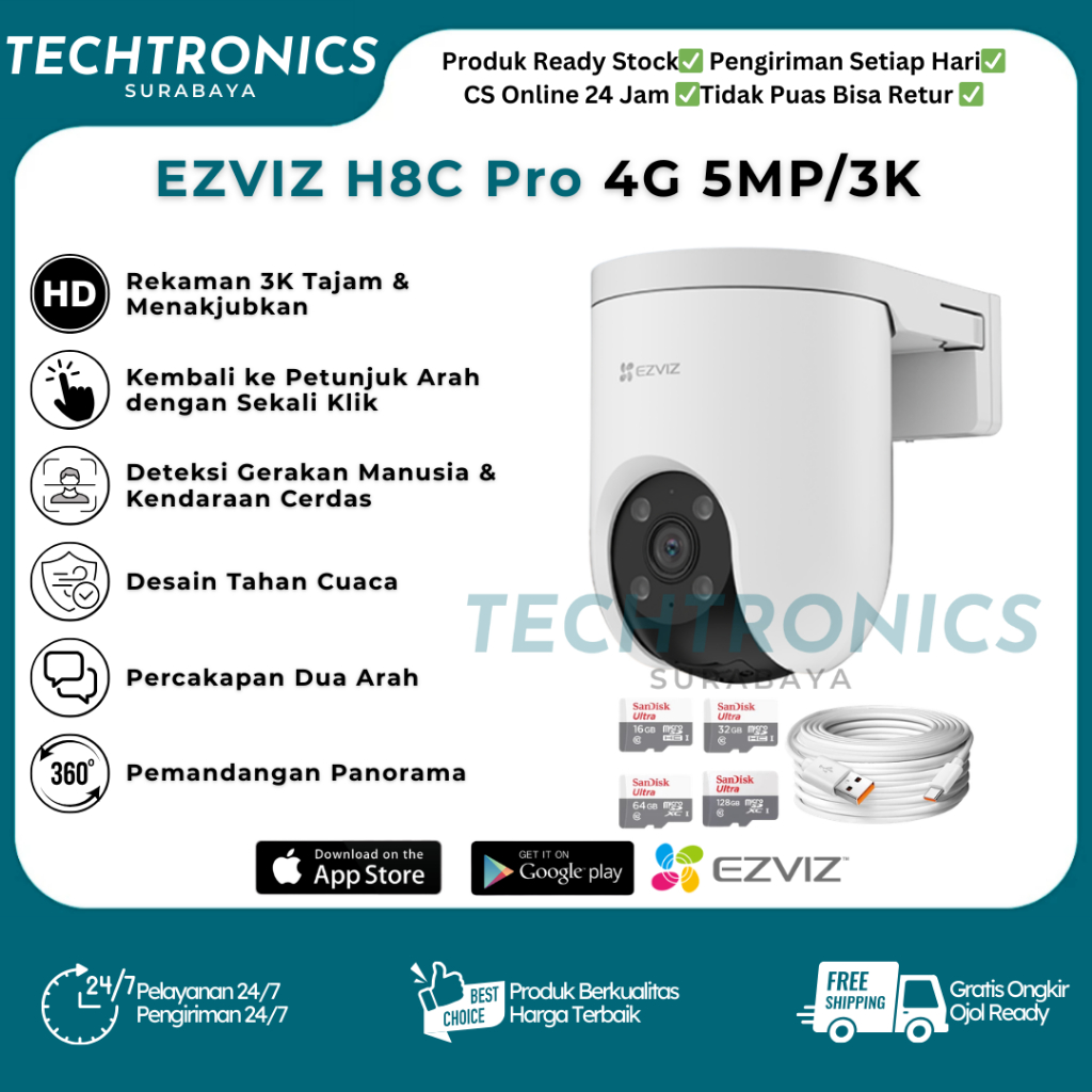 CCTV EZVIZ H8c 4G 5MP/3K Outdoor Indoor Smart IP Camera CCTV Tanpa Wifi Pakai SIM Card Kartu Seluler
