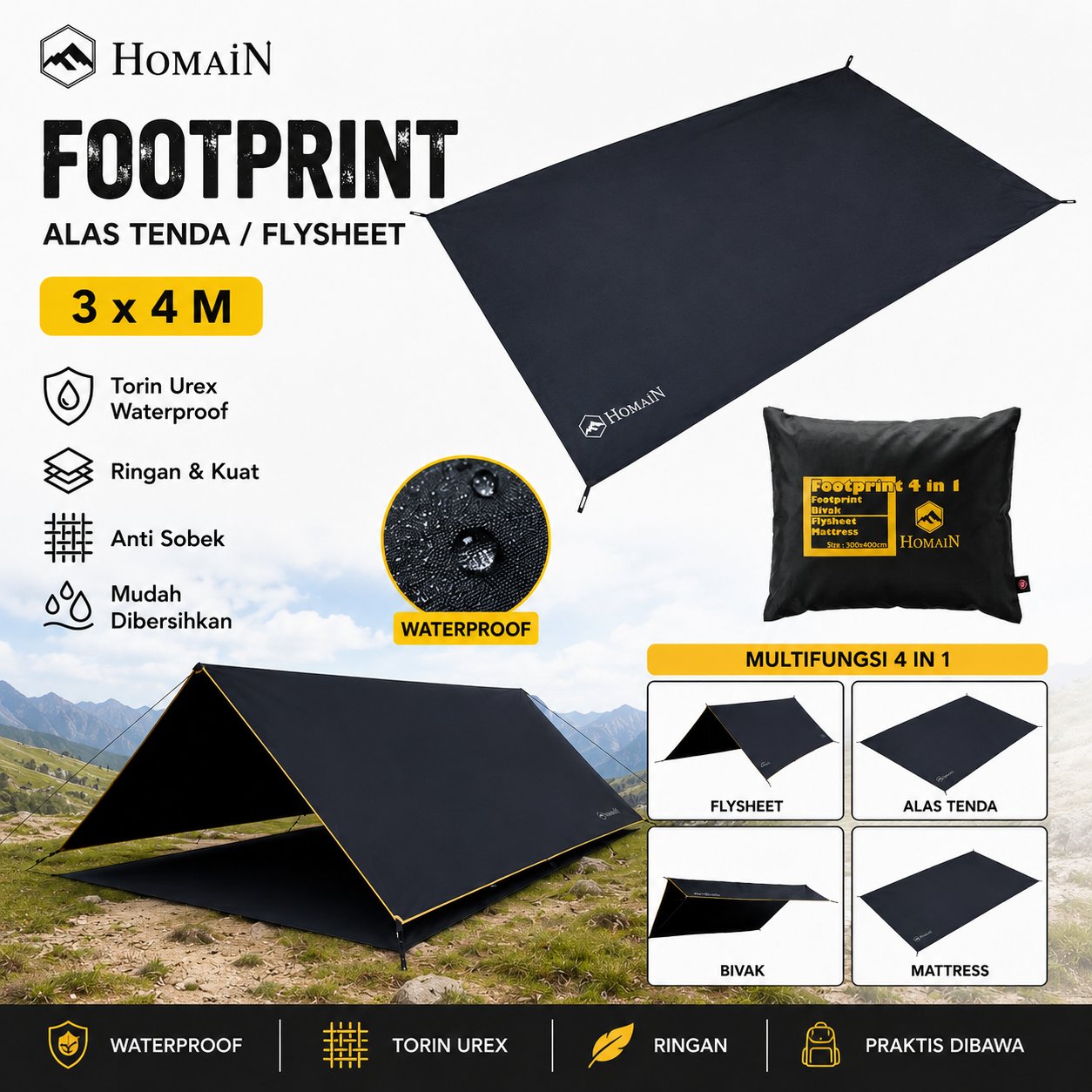 HOMAIN footprint 4 IN 1 / alas tenda 3 x 4 , 3 x 3, 2 x 3, 2 x 2waterproof - flysheet ultralight - t
