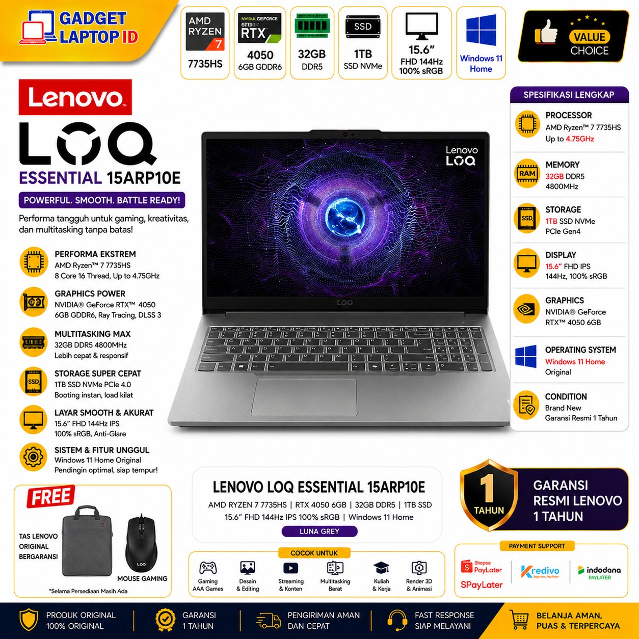 LENOVO LOQ ESSENTIAL 15ARP10E AMD RYZEN 7 7735HS RTX4050 32GB DDR5 1TB 15" FHD 144HZ 100SRGB WIN11