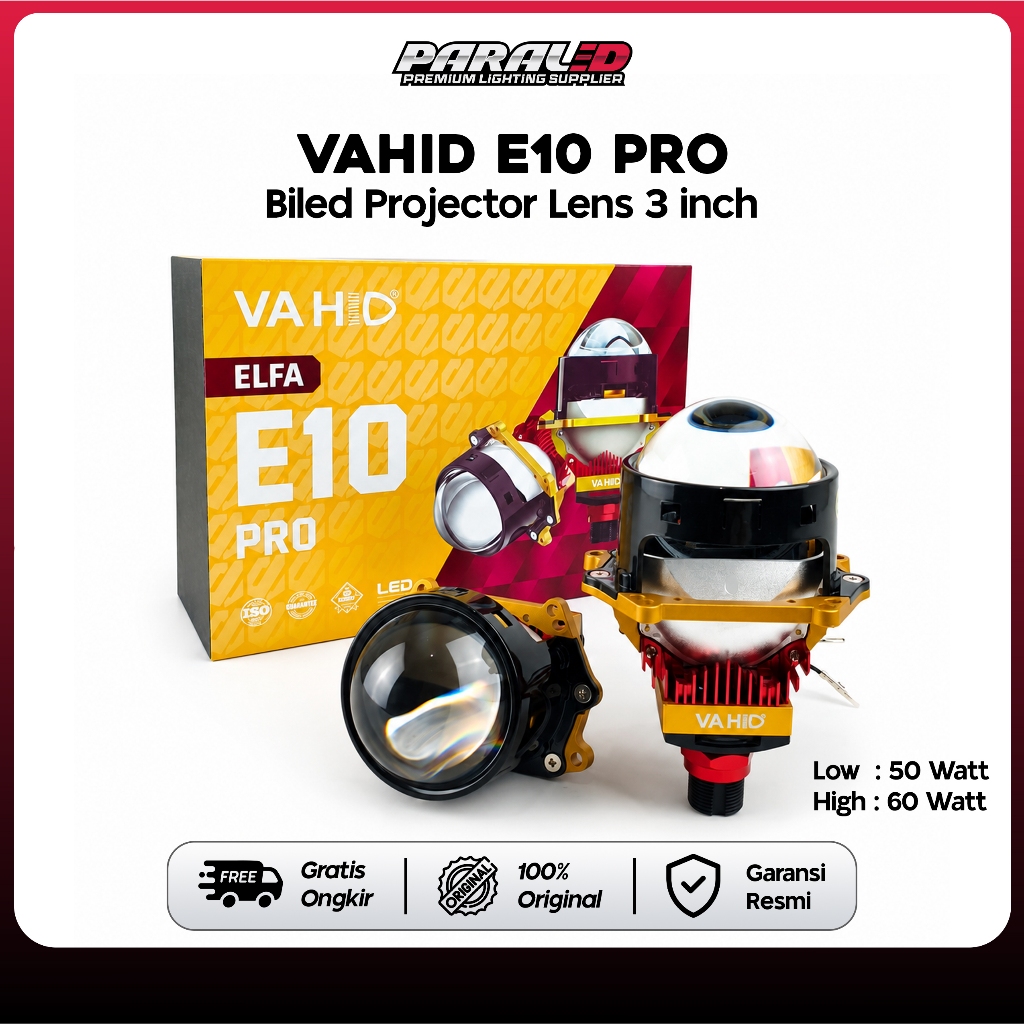 Biled Projector Vahid E10 Pro 3 Inch Semi Laser Kuning - Low Beam 50W High Beam 60 Watt Flat Cutt Of