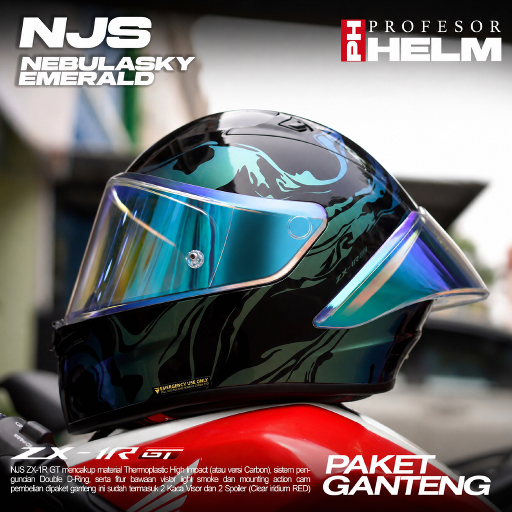 Paket Ganteng HELM NJS ZX1R GT EMERALD Full Face Clear Iridium Blue Original