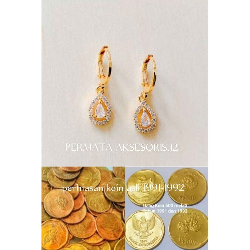 Anting koin asli 1991-1992 anting koin motif permata warna emas anti luntur & karat