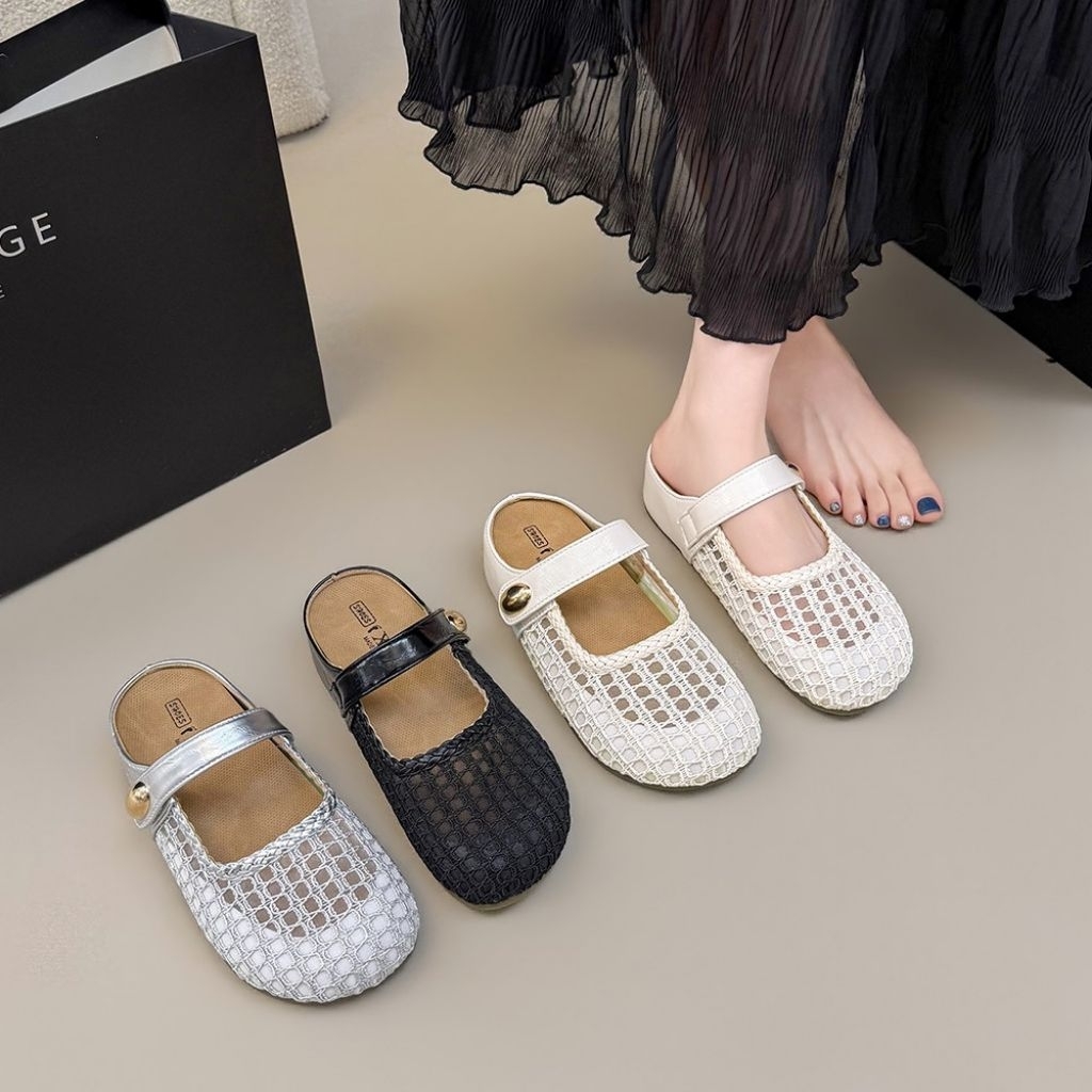 NFW06 Sepatu Slip On Fashion Wanita Kekinian Flat Shoes Wanita Tali Buckle Bahan Mesh Nyaman Dipakai