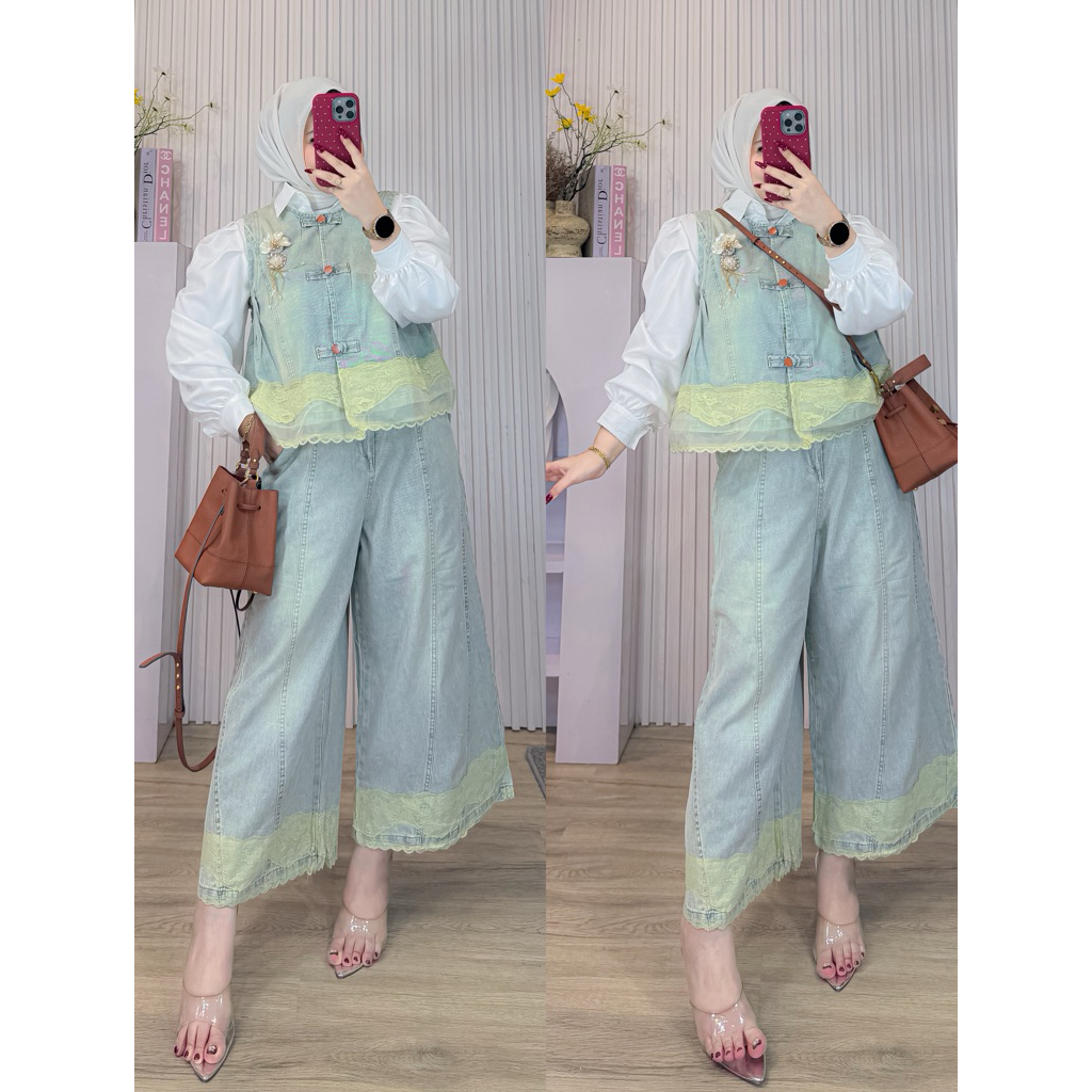 TATAOS BANGKOK ARUMI SET SETELAN JEANS RENDA CELANA & VEST TAG LABEL PREMIUM