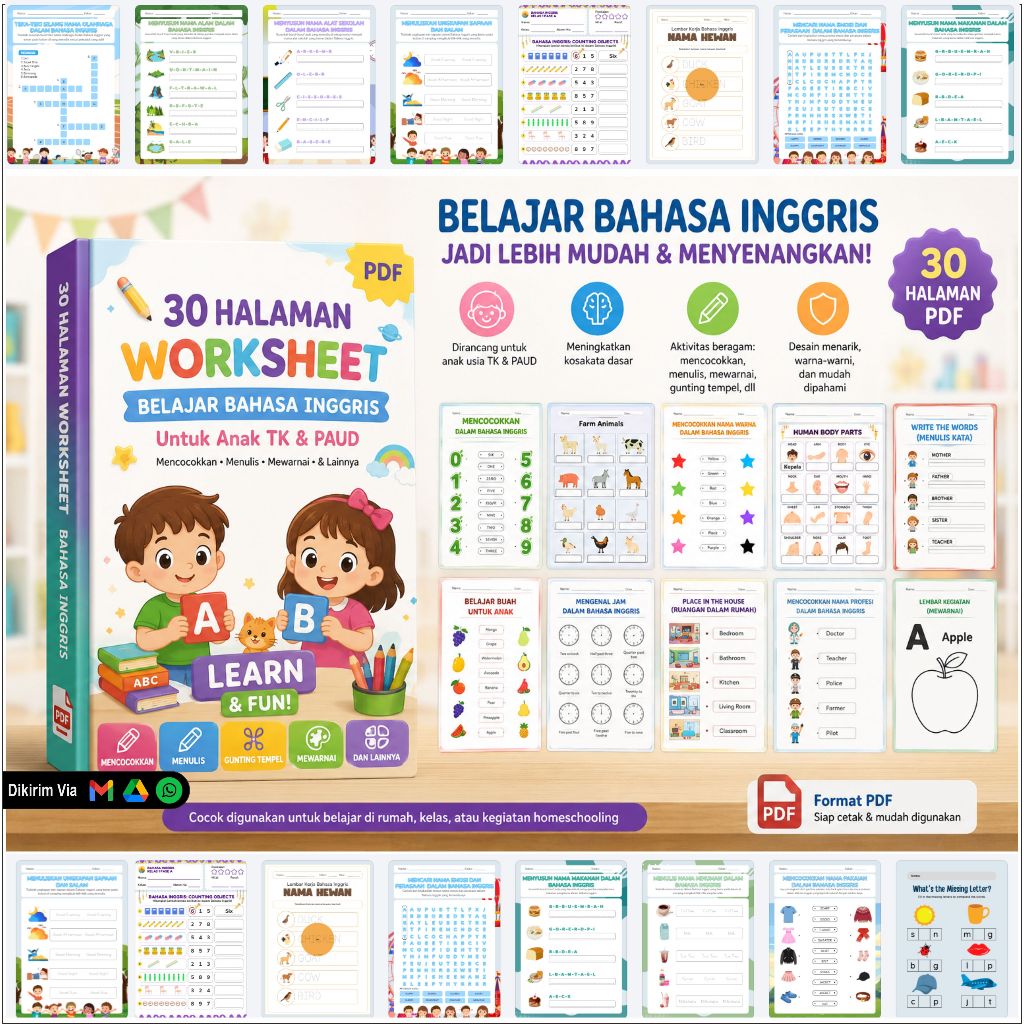 30 Worksheet Belajar Bahasa Inggris anak TK & PAUD PDF