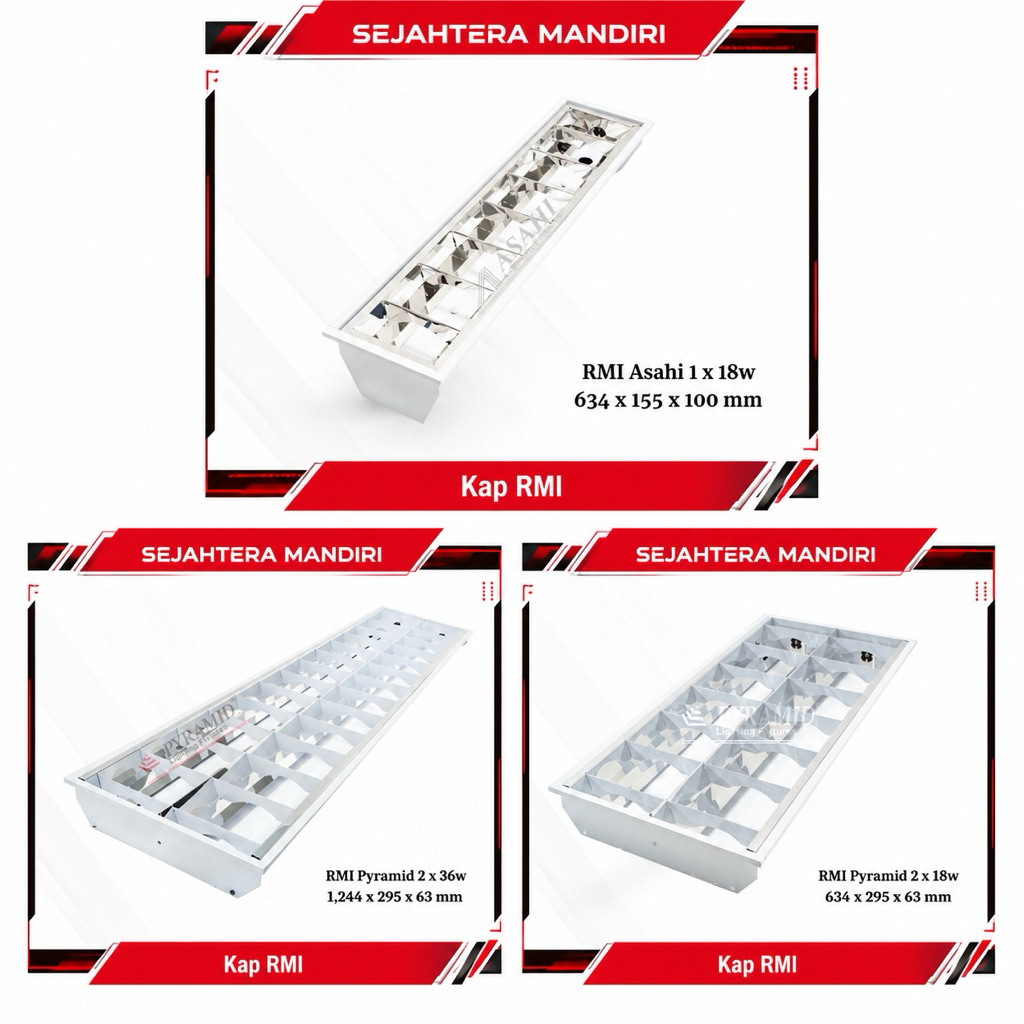 Kap RMI Pyramid untuk 1 lampu TL 60 cm / 2 Lampu TL 60 cm / 2 Lampu TL 60 cm Inbow Tanpa Lampu