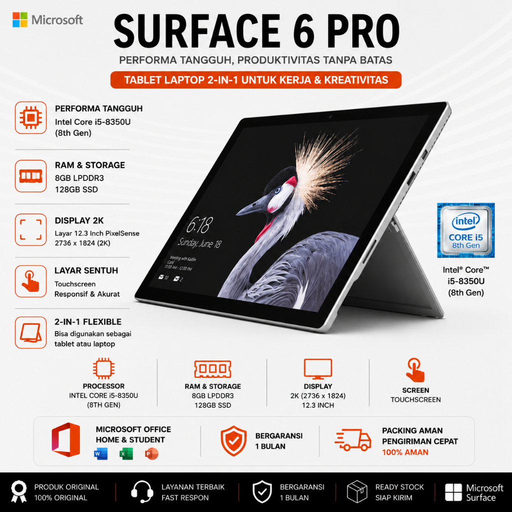 Tablet Laptop  Surface Pro 6 / Surface Pro 7 | Intel Core i5-8350U / i7-1065G7 | RAM 8GB–16GB | SSD 