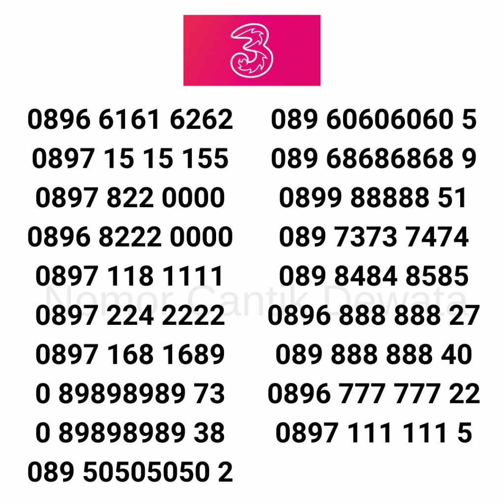 Nomor Cantik Three Seri Hexa 11 Digit 12 Digit, Kartu Perdana Three Cantik, Nomer Cantik Three