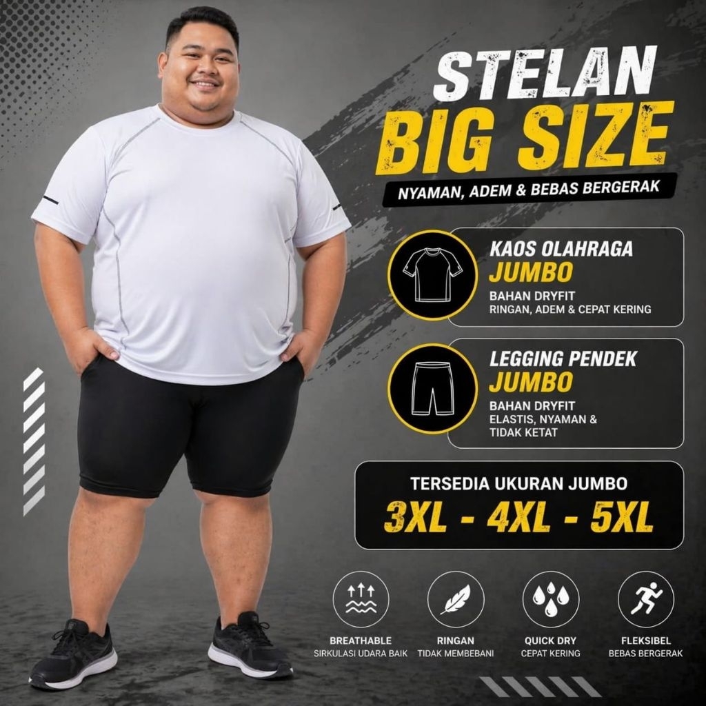Stelan Pakaian Olahraga Pria Kaos Jumbo+legging pendek hitam jumbo