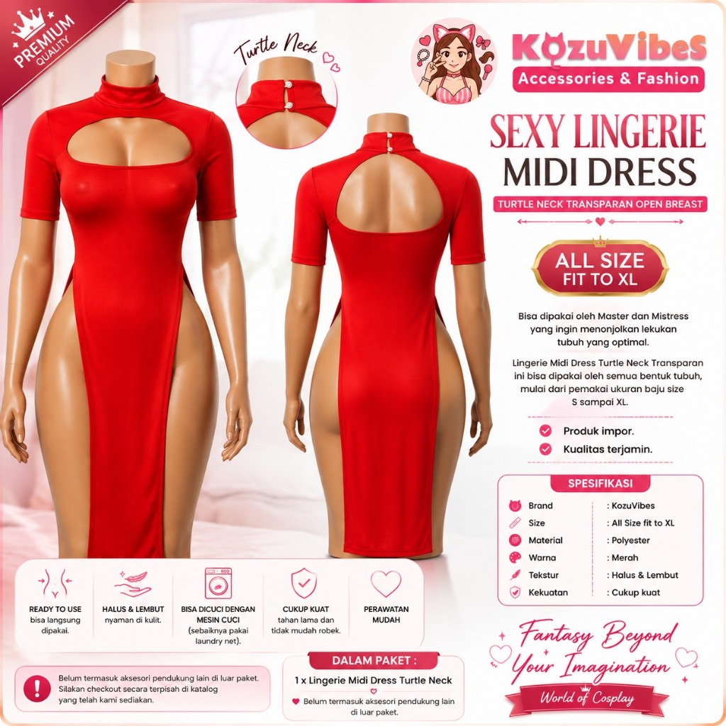 Kozuvibes Sexy Lingerie Midi Dress Turtle Neck Transparan Open Breast