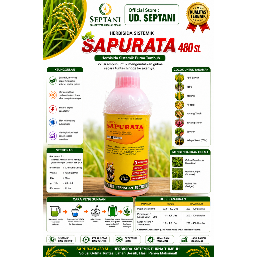 Herbisida Sapurata 480sl 1 Liter Sistemik Purna Tumbuh Larutan Air Kuning Gulma Kelapa Sawit